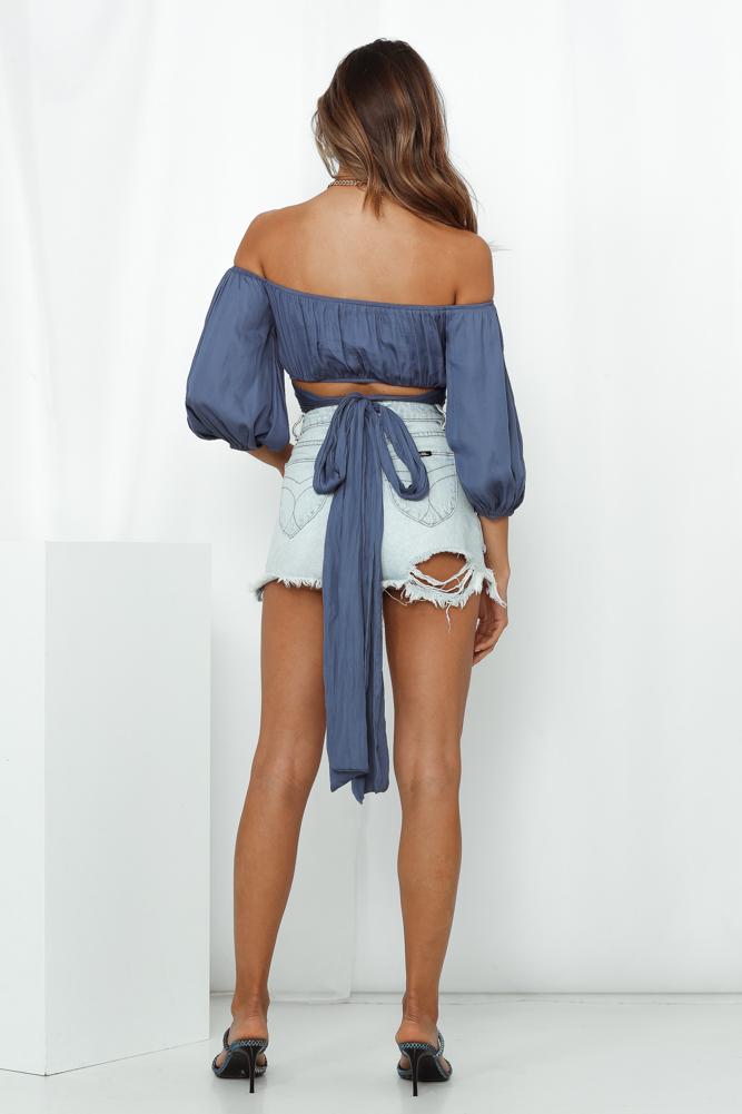 Elegant Off Shoulder Midnight Blue Satin Tie-Up Ruffle Crop Top with Bell Sleeve