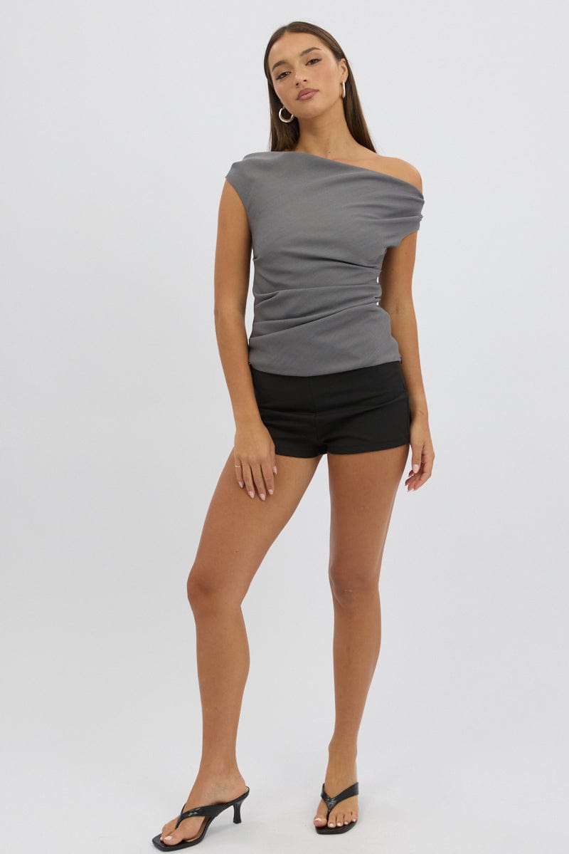 Grey Ruched Off Shoulder Top