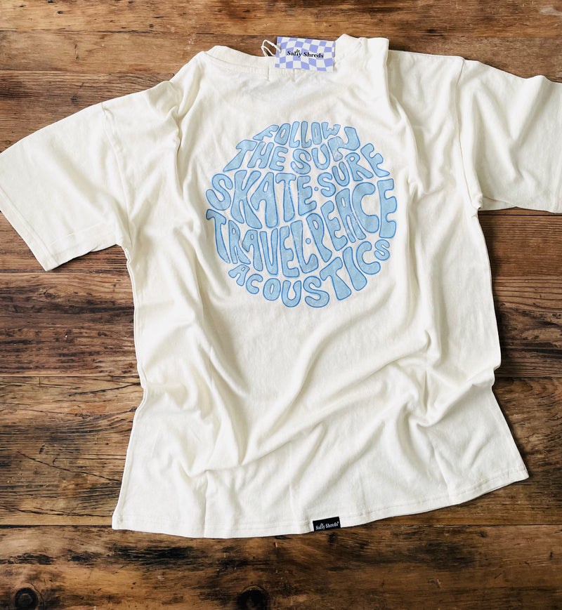Surf, skate, retro travel relaxed hemp tee - retro pale blue - Ladies