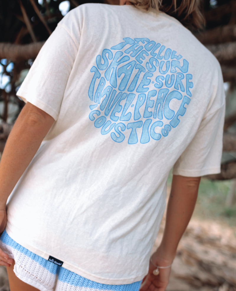Surf, skate, retro travel relaxed hemp tee - retro pale blue - Ladies