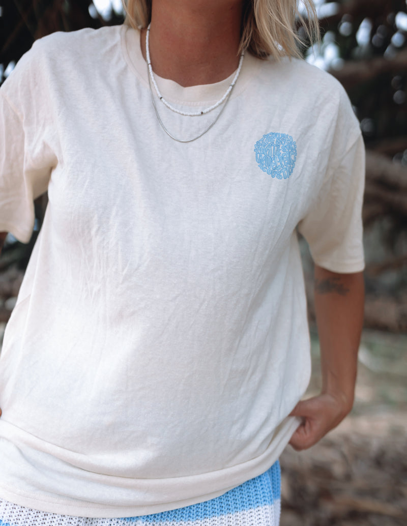 Surf, skate, retro travel relaxed hemp tee - retro pale blue - Ladies