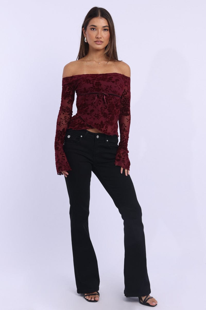 Red Off Shoulder Top Long Sleeve