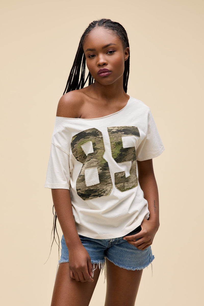 85 Camo Applique Off-The-Shoulder Tee