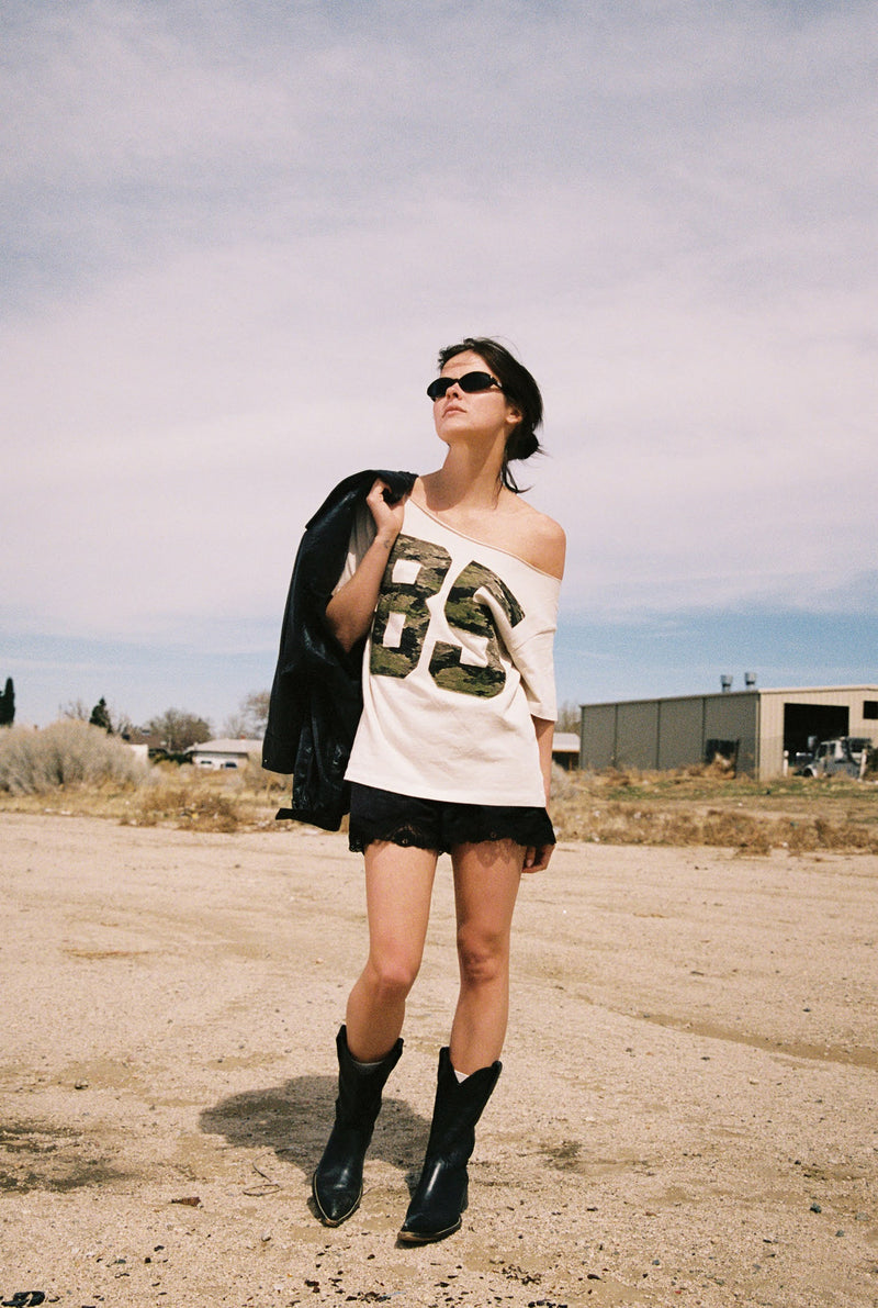 85 Camo Applique Off-The-Shoulder Tee
