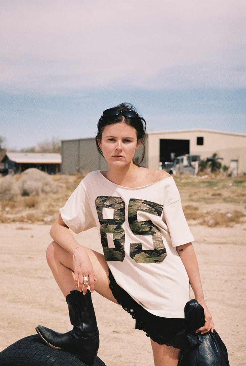 85 Camo Applique Off-The-Shoulder Tee