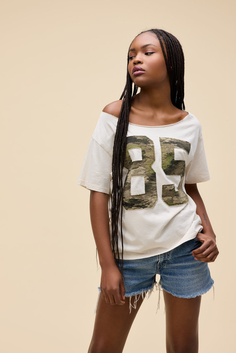85 Camo Applique Off-The-Shoulder Tee