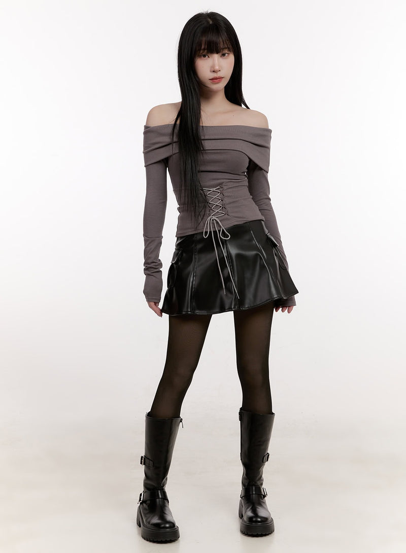 Ribbon Corset Off-Shoulder Long-Sleeve Top CJ529