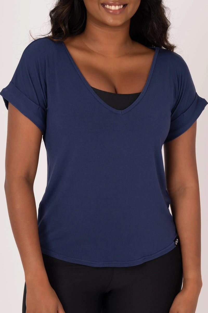 Slinky To Touch V Neck Cuffed Sleeve Tee - Dark Navy