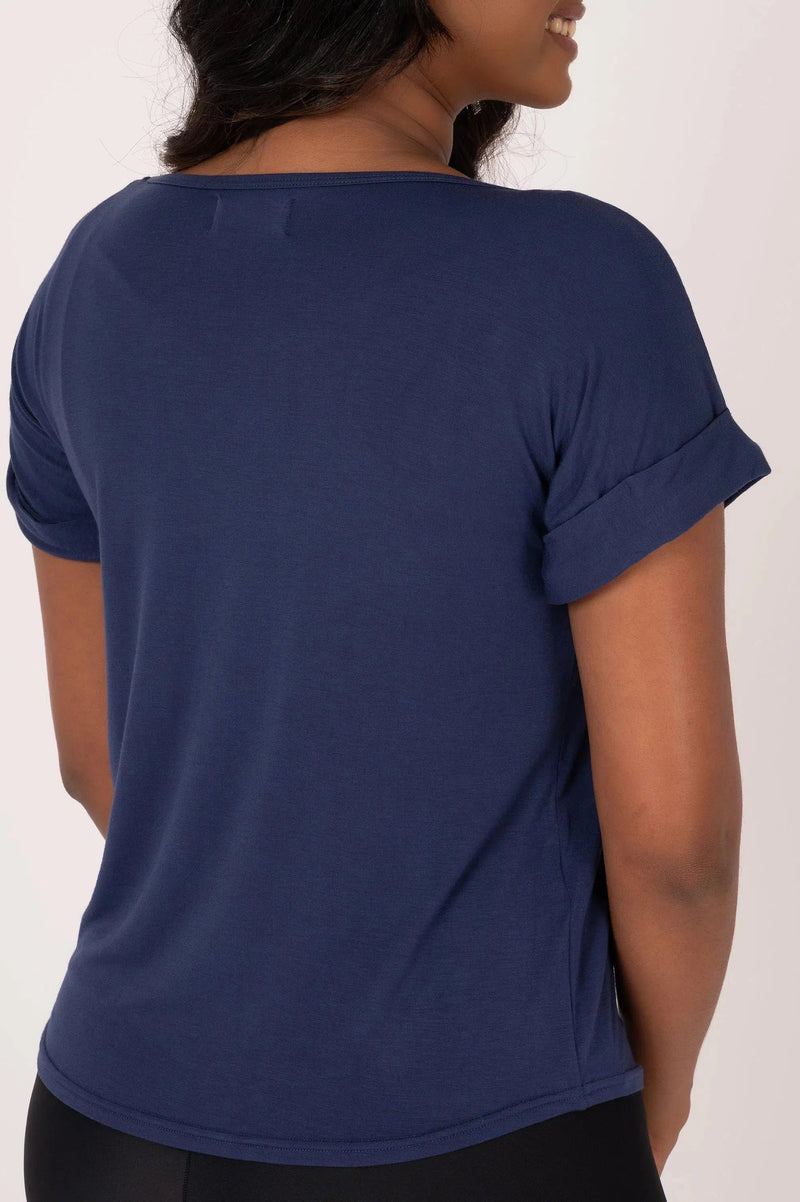 Slinky To Touch V Neck Cuffed Sleeve Tee - Dark Navy
