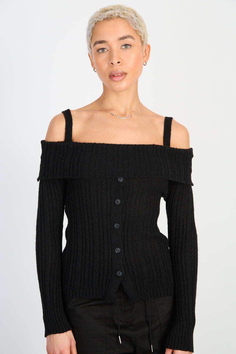 Black mix rib strapped off shoulder knit top