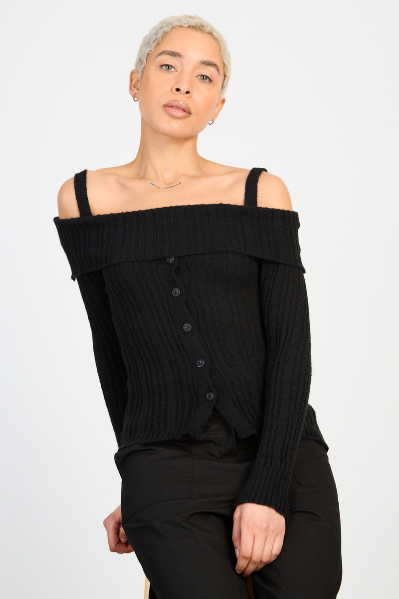 Black mix rib strapped off shoulder knit top