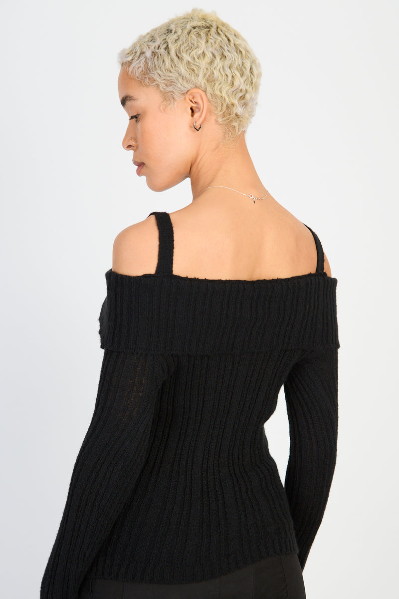 Black mix rib strapped off shoulder knit top