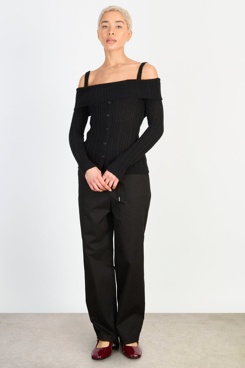Black mix rib strapped off shoulder knit top