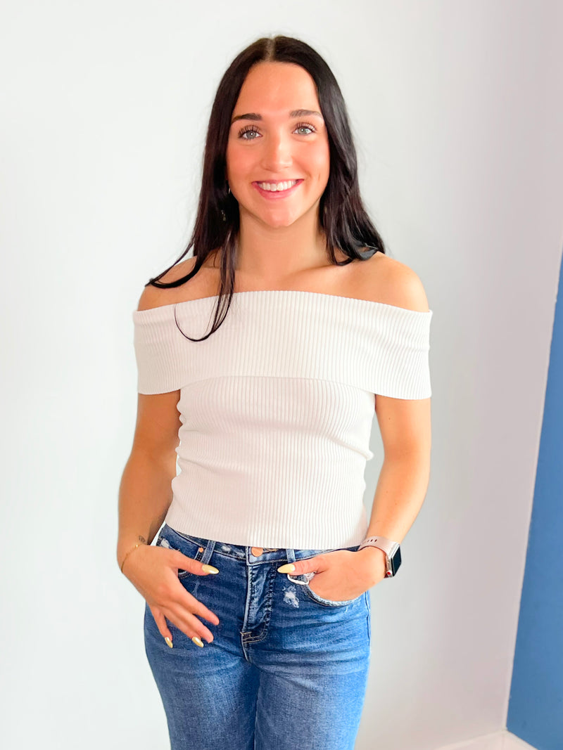 Jasper Off Shoulder Knit Top | White