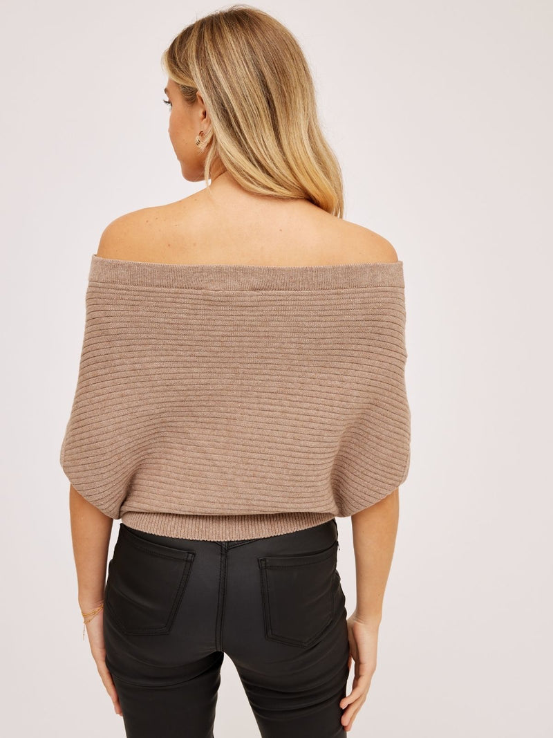 Ashleigh Knitted Off-Shoulder Top / Beige Marl