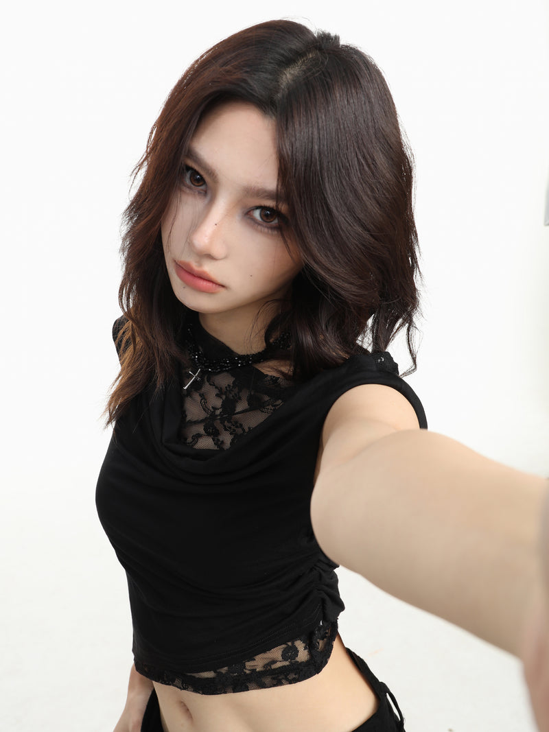 Layered Lace Ruched Draped Neck  Asymmetric Off Shoulder Crop Top