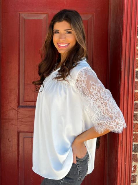 Grace and Emma White Pleasant Surprise Women's Basic Tee with Lace Short Sleeves 6771E-WHT