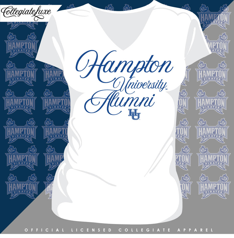 Hampton U | Script Logo White Ladies V-Neck Tees (**)