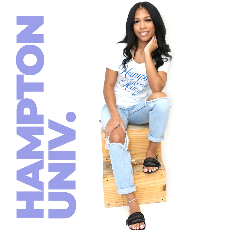 Hampton U | Script Logo White Ladies V-Neck Tees (**)