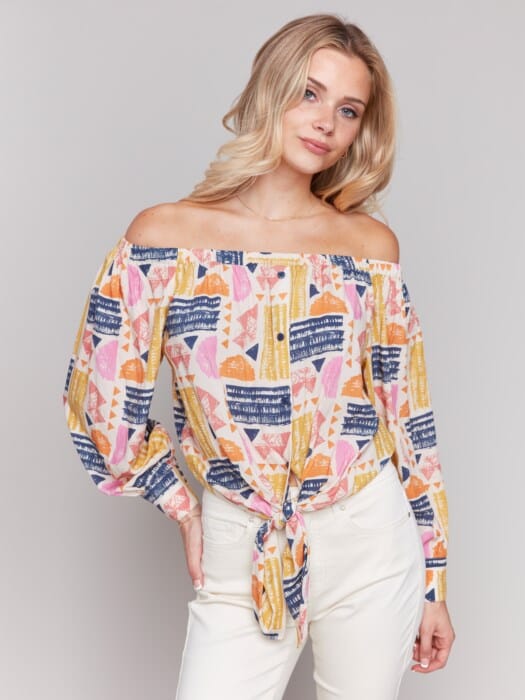 PRINTED OFF SHOULDER CROP BLOUSE WITH FRONT TIE