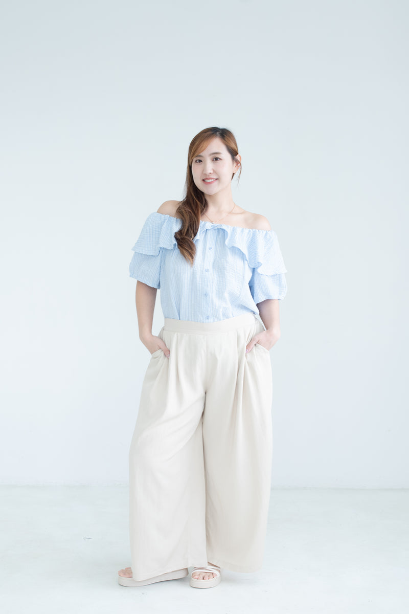 Striped Ruffle Off-Shoulder Top In Light Blue