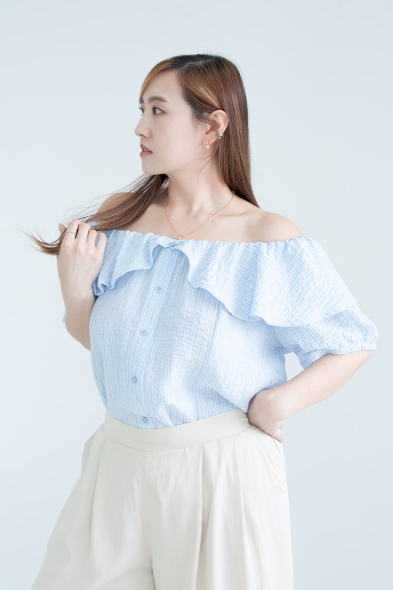 Striped Ruffle Off-Shoulder Top In Light Blue