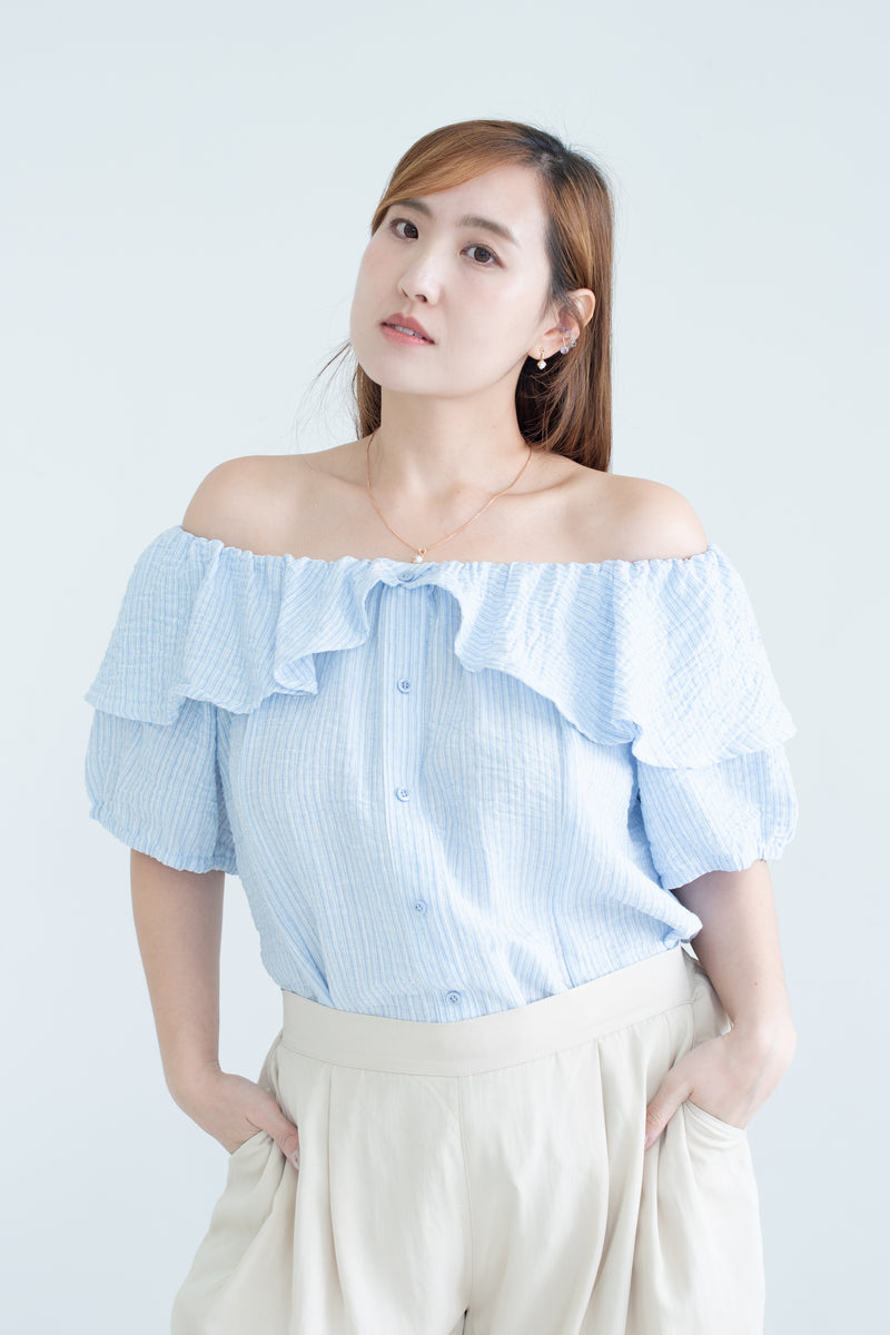 Striped Ruffle Off-Shoulder Top In Light Blue