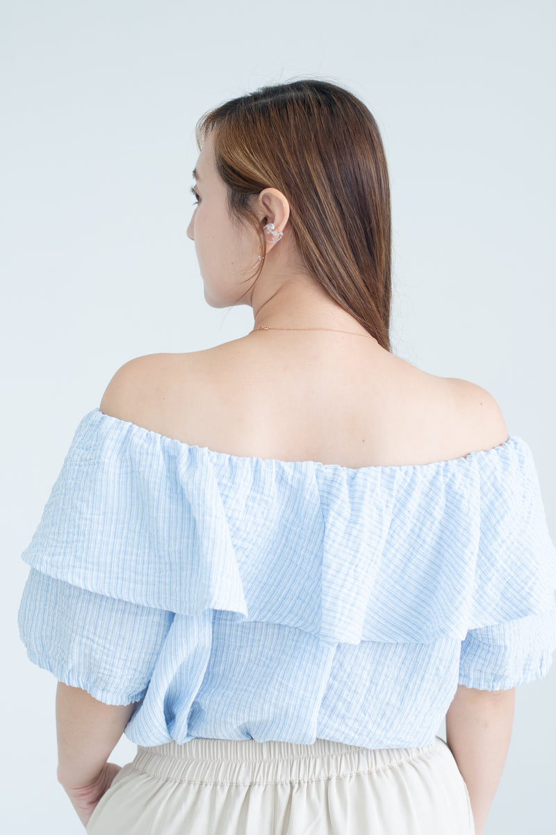Striped Ruffle Off-Shoulder Top In Light Blue