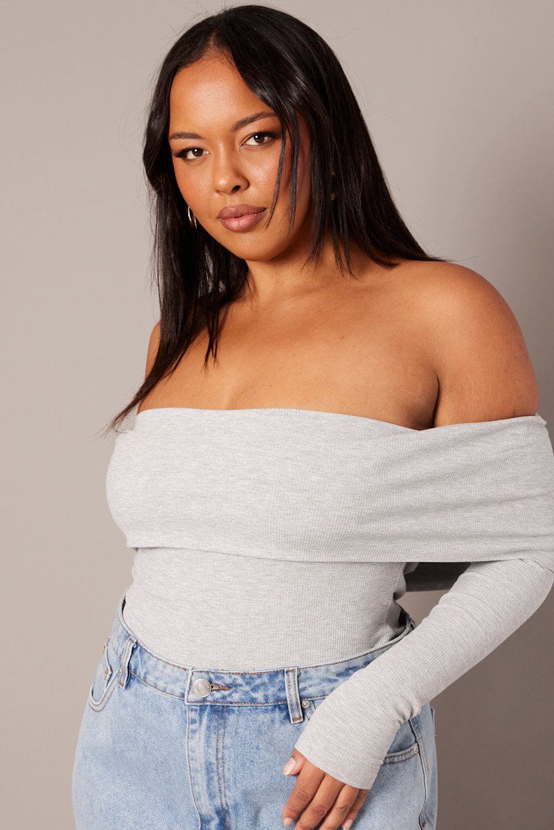 Grey Off Shoulder Top Long Sleeve