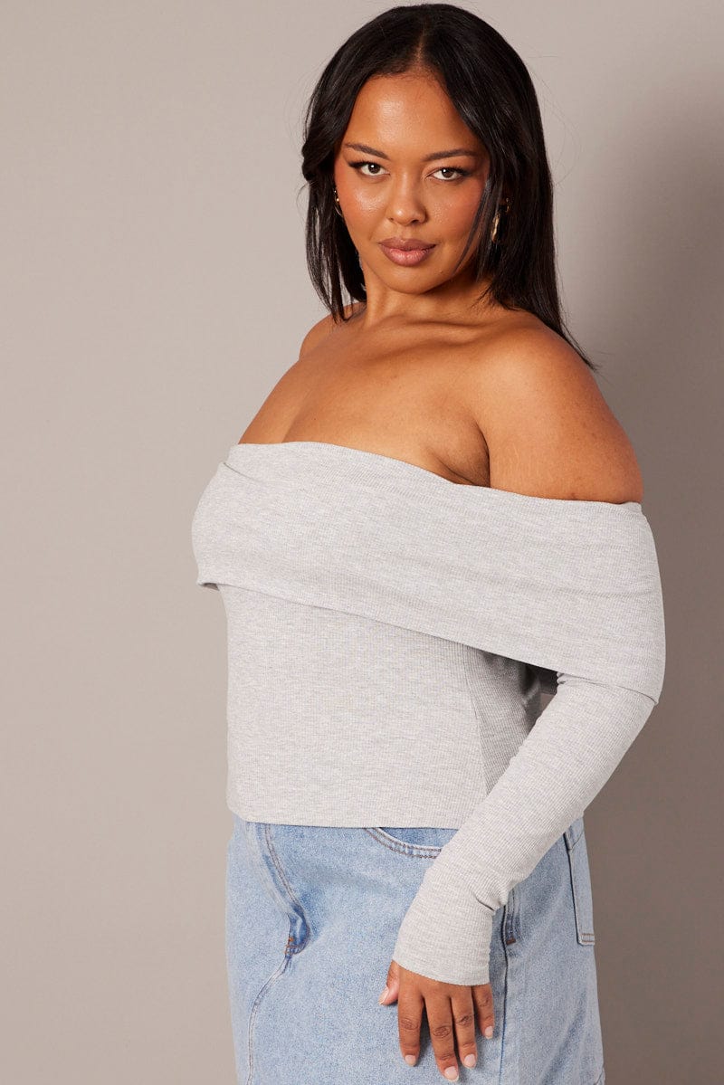 Grey Off Shoulder Top Long Sleeve