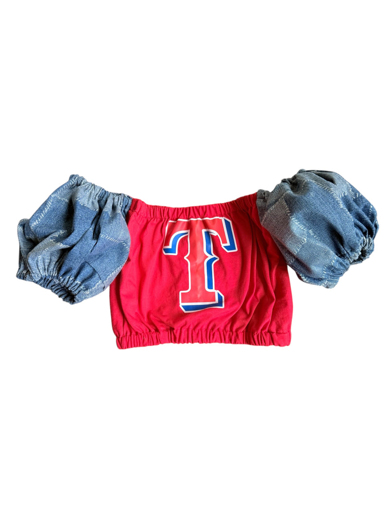 Texas Rangers Red Denim Block Puff (Choose between a T Shirt Puff or Off Shoulder)