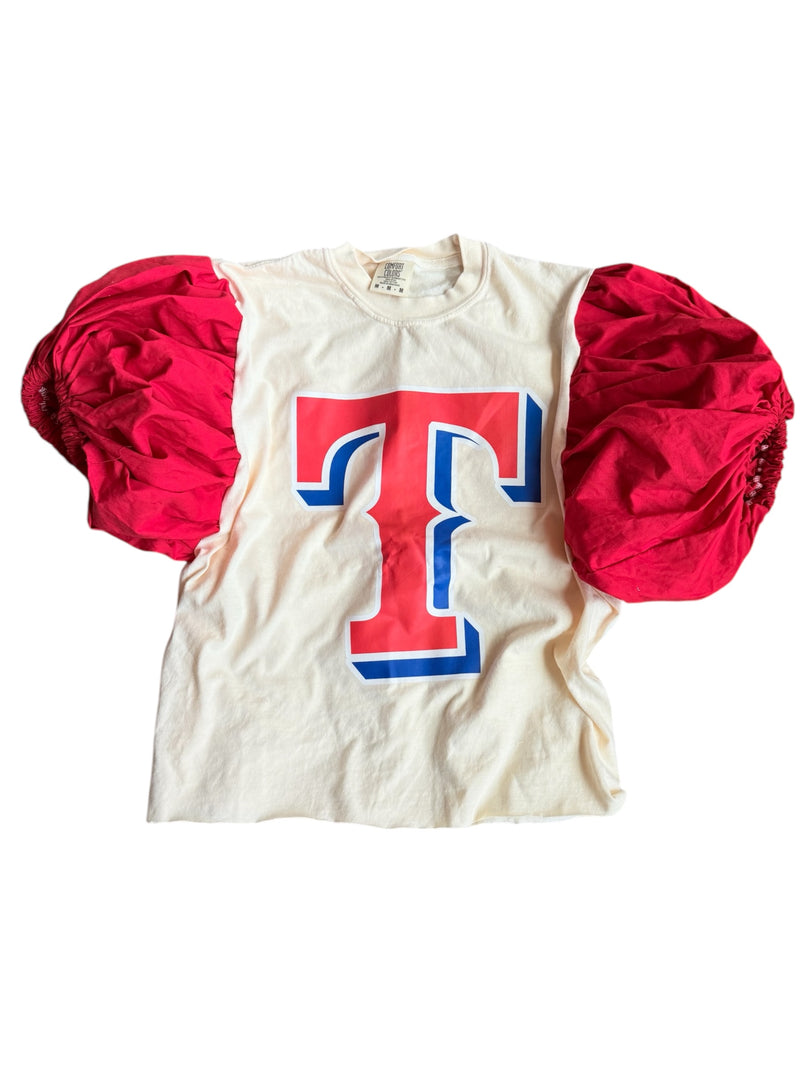 Texas Rangers Red Denim Block Puff (Choose between a T Shirt Puff or Off Shoulder)