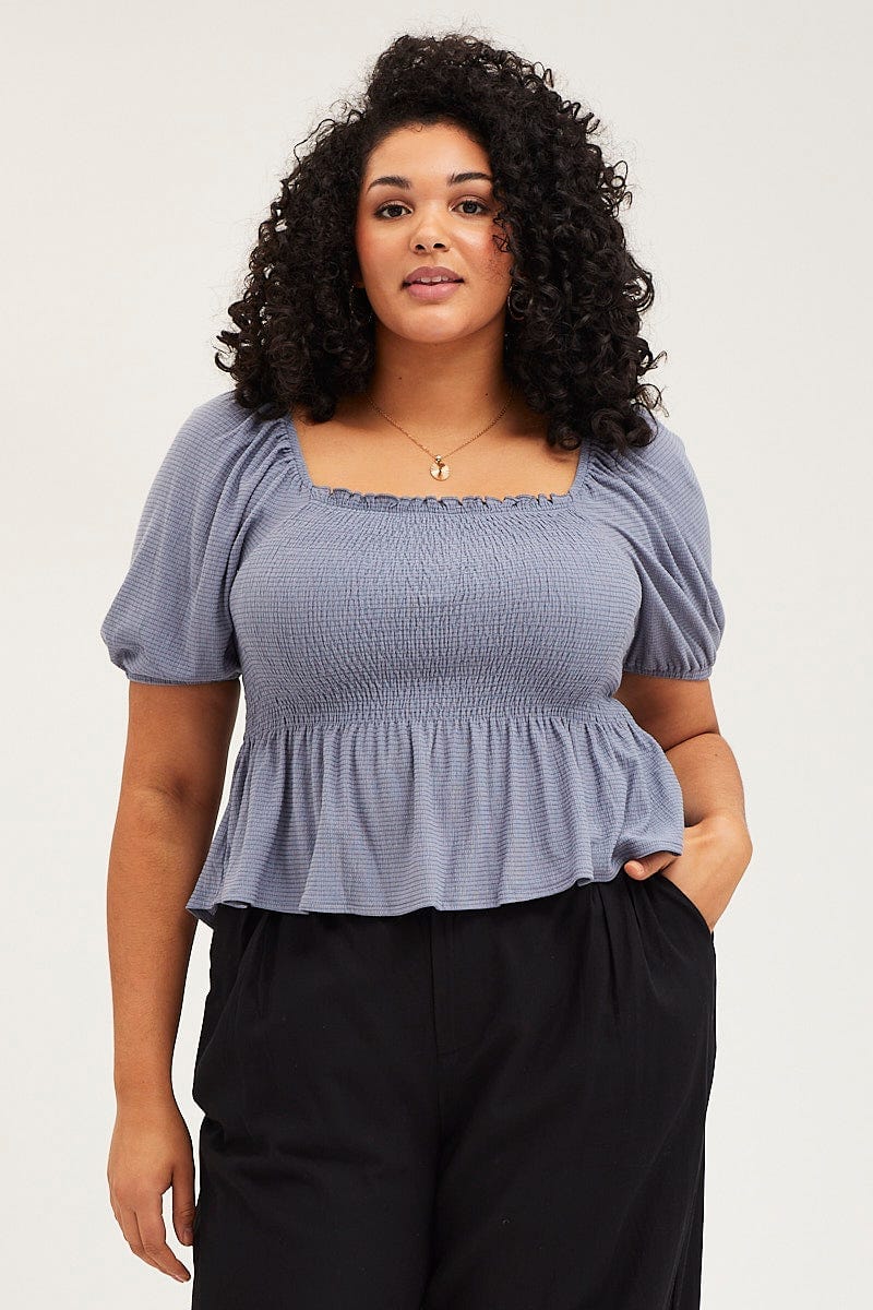 Blue Peplum Top Off The Shoulder Puff Sleeve Shirred