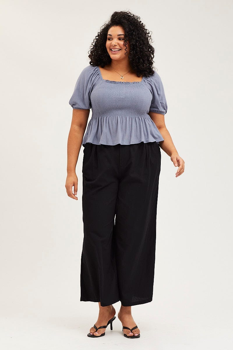 Blue Peplum Top Off The Shoulder Puff Sleeve Shirred