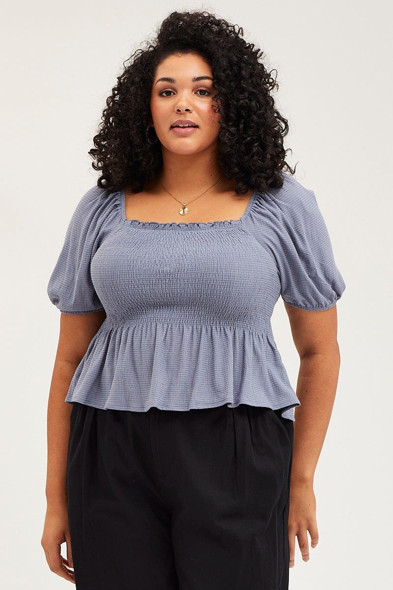 Blue Peplum Top Off The Shoulder Puff Sleeve Shirred