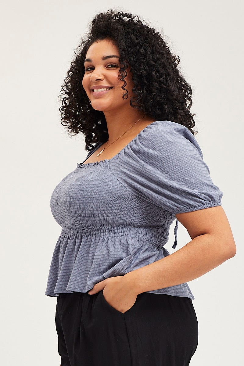 Blue Peplum Top Off The Shoulder Puff Sleeve Shirred