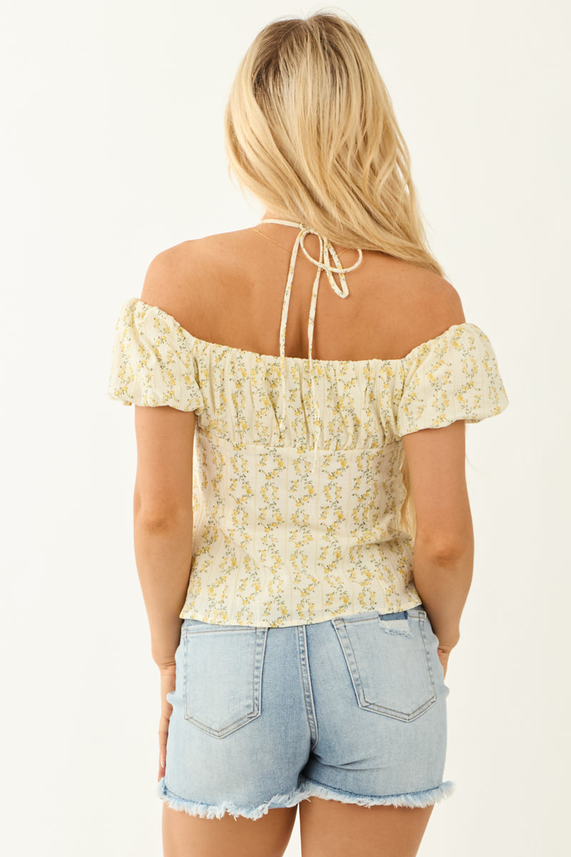 Cream Floral Print Off the Shoulder Button Up Top