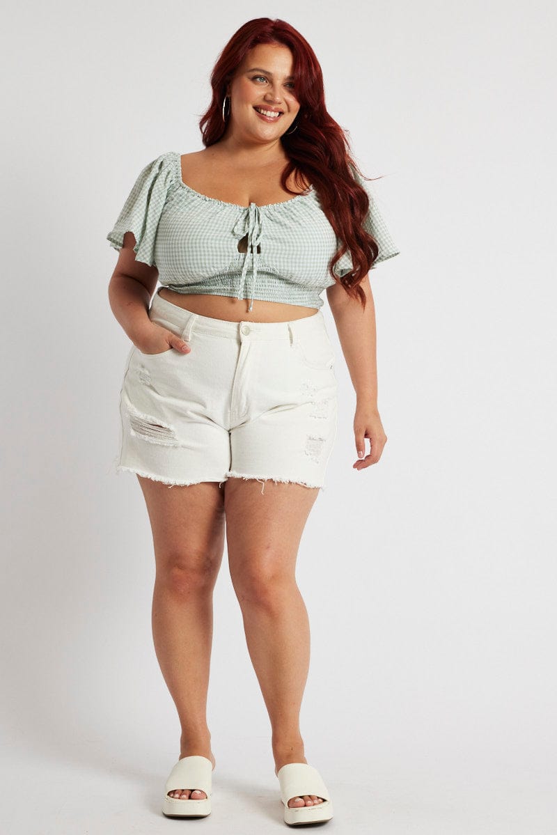 Green Check Crop Top Short Sleeve Cut Out