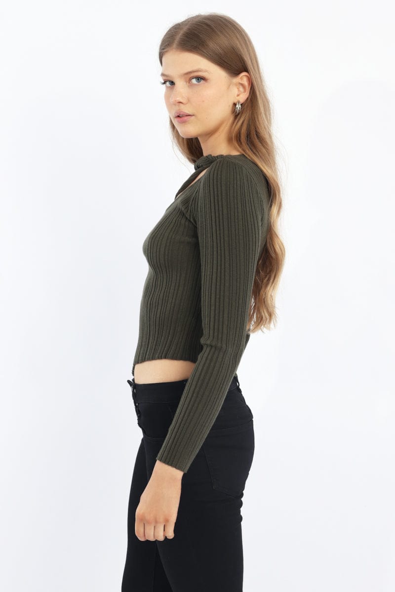Green Knit Top Long Sleeve Cut Out