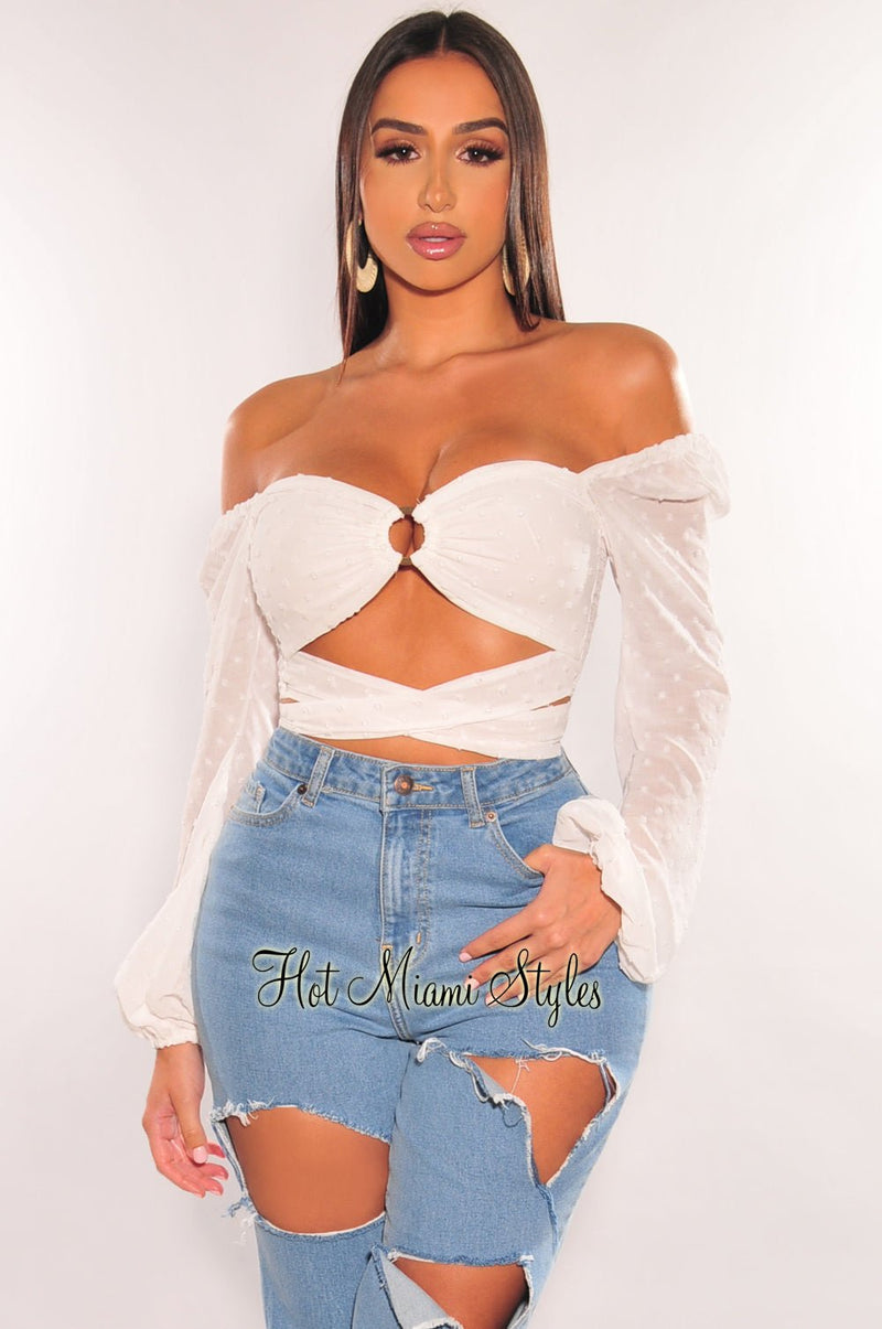 White O-Ring Cut Out Long Sleeve Wrap Around Crop Top