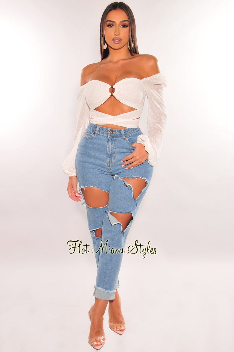 White O-Ring Cut Out Long Sleeve Wrap Around Crop Top