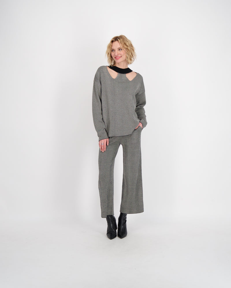 Front Neck Cut Out Herringbone Knit Top