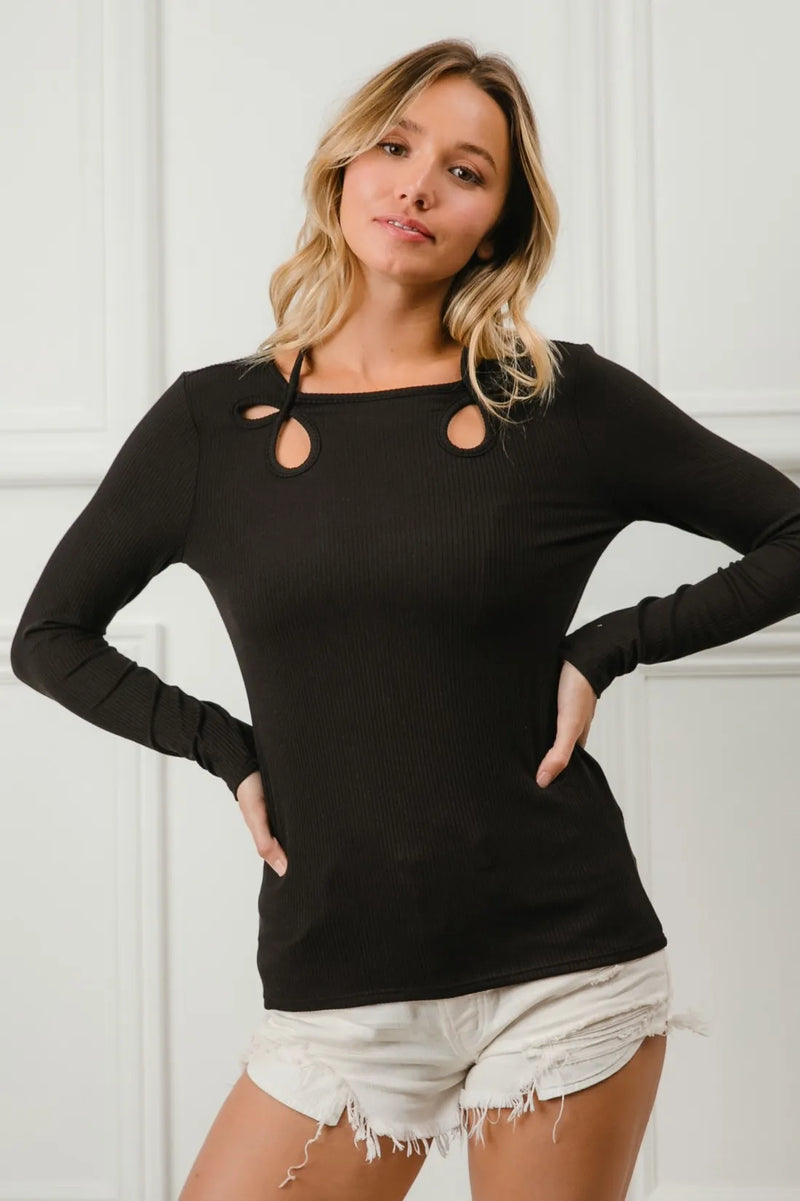 BiBi Rib Knit With Cut Out and Tied Neck Detailed Top