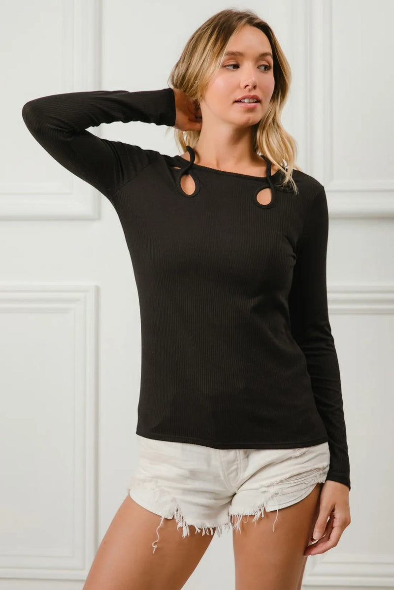 BiBi Rib Knit With Cut Out and Tied Neck Detailed Top