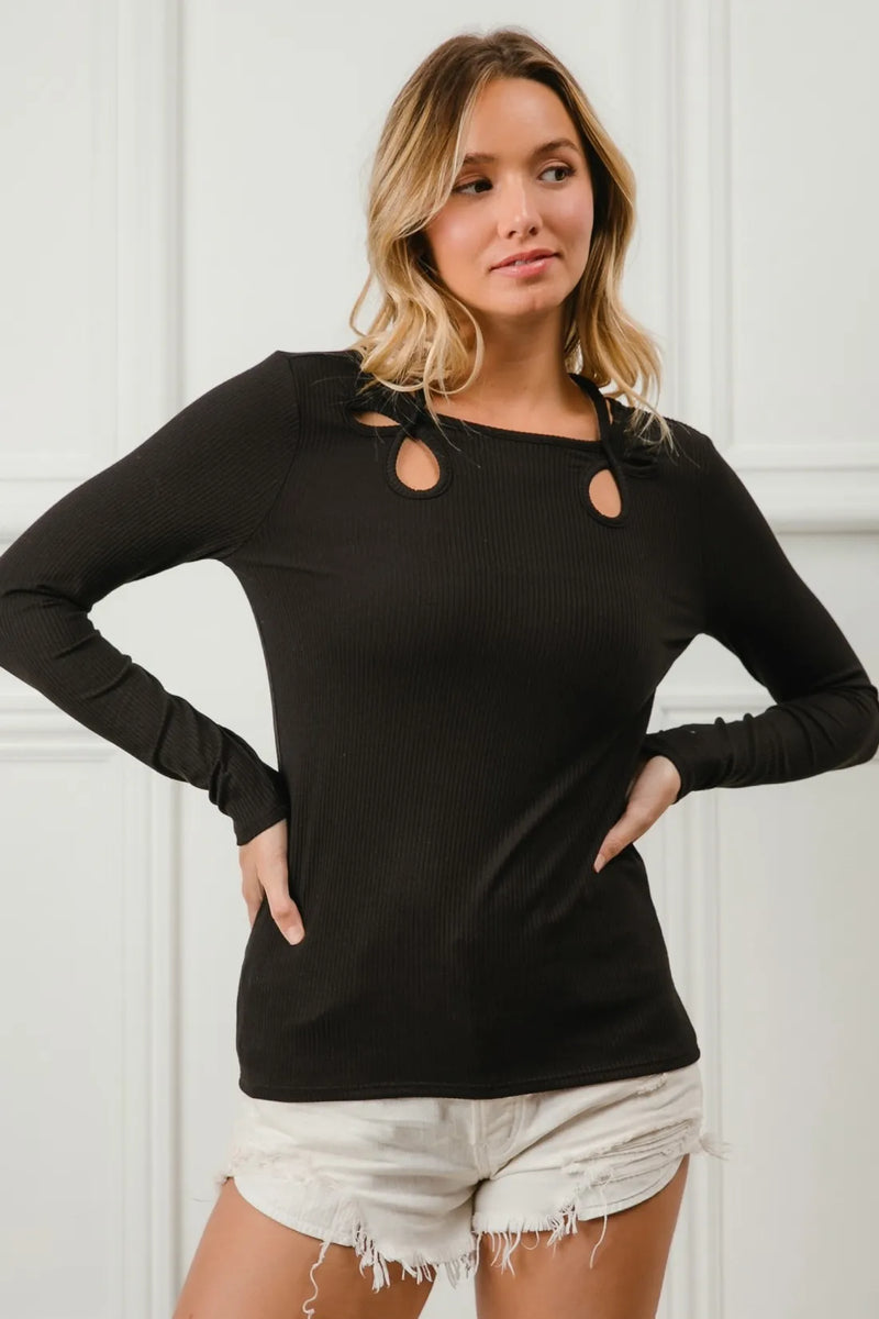 BiBi Rib Knit With Cut Out and Tied Neck Detailed Top
