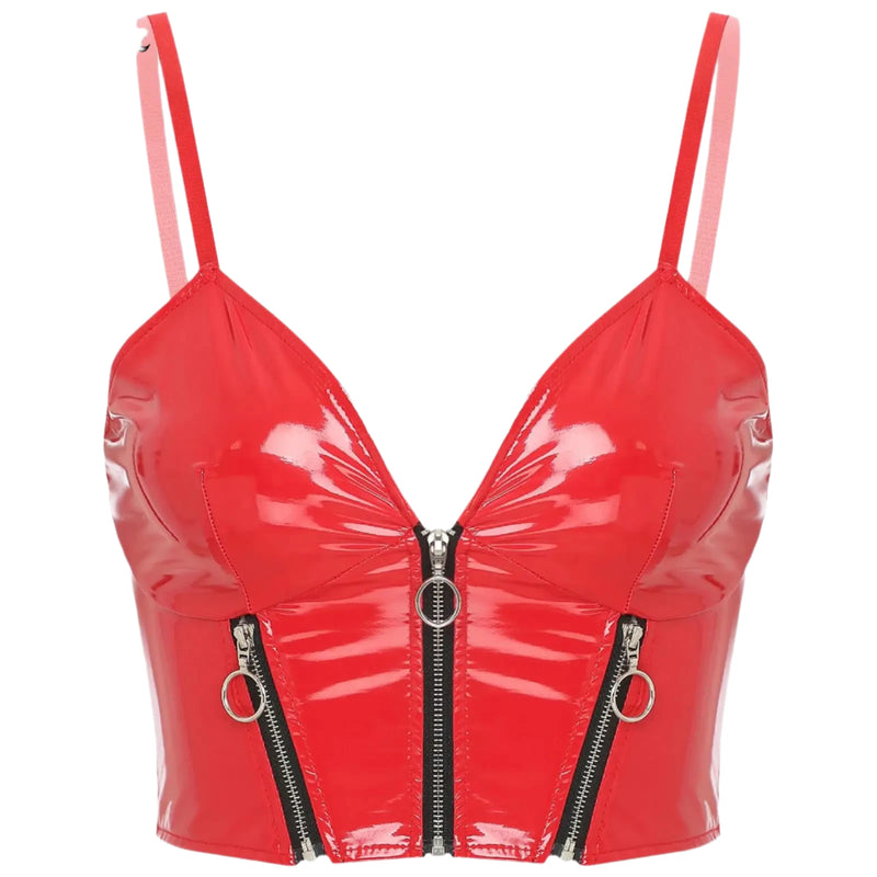 Womens Sling Vest - Sexy Camisole with Deep V Neck, Front Zipper, and Backless Design in Glossy Patent Leather for Clubwear and Rave Parties