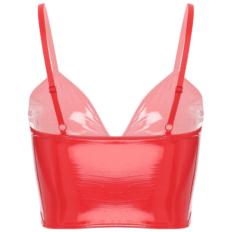 Womens Sling Vest - Sexy Camisole with Deep V Neck, Front Zipper, and Backless Design in Glossy Patent Leather for Clubwear and Rave Parties