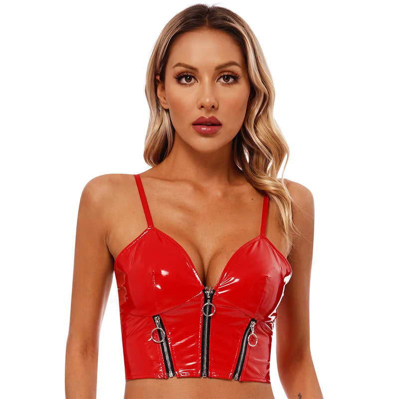 Womens Sling Vest - Sexy Camisole with Deep V Neck, Front Zipper, and Backless Design in Glossy Patent Leather for Clubwear and Rave Parties
