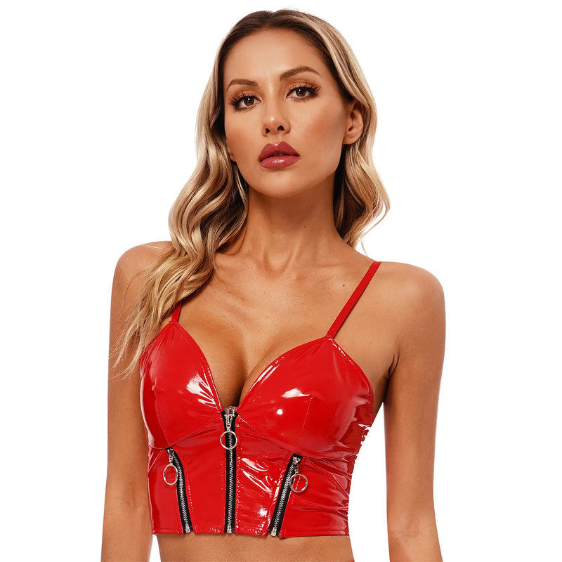 Womens Sling Vest - Sexy Camisole with Deep V Neck, Front Zipper, and Backless Design in Glossy Patent Leather for Clubwear and Rave Parties