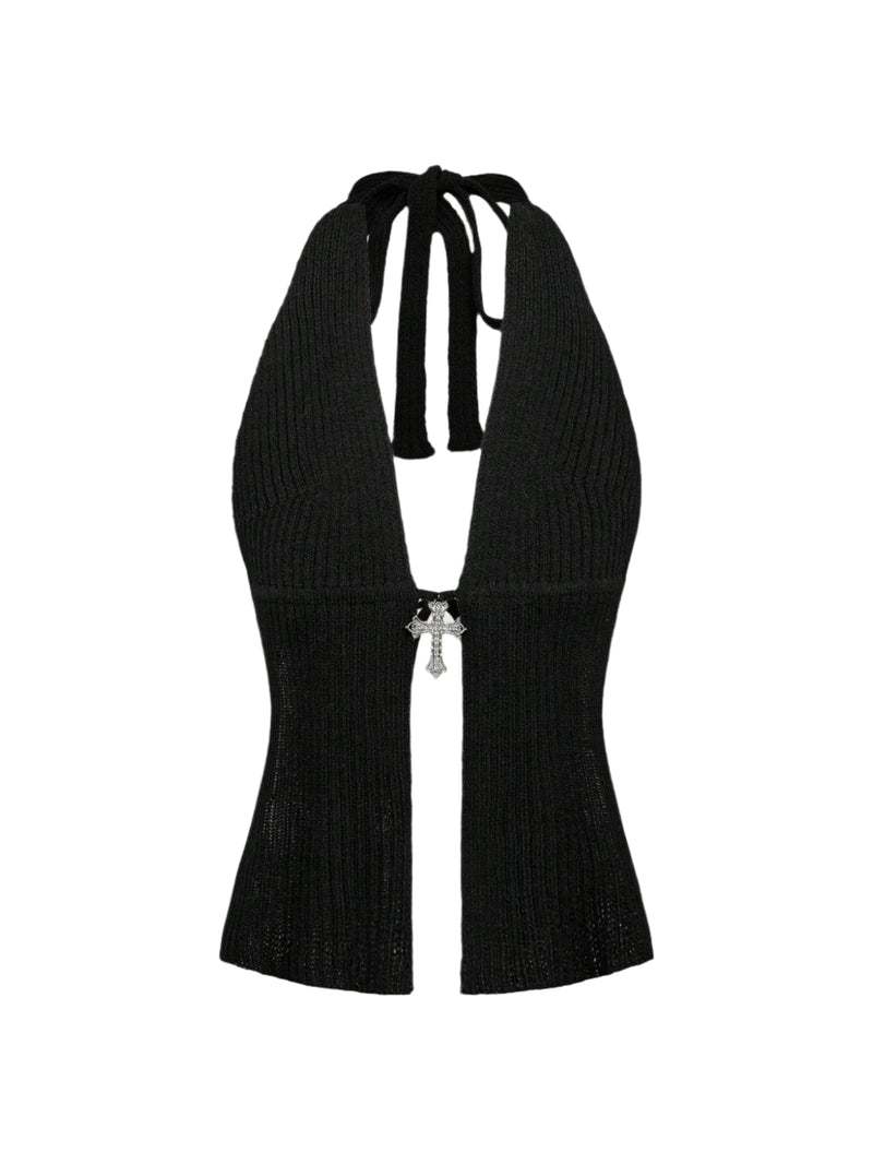 Cross Decor Backless Halter Knit Top